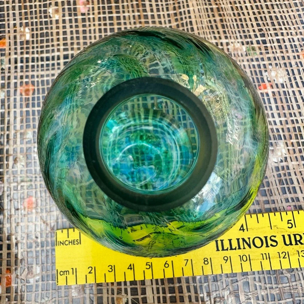 Handblown Glass Ball Flower Vase Green Blue Crackle Texture Round Bud Vase - Picture 8 of 8
